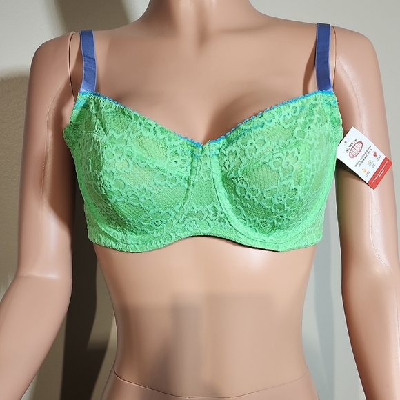 Vibrant Green and Blue Lace Balconette Bra with Underwire - Picture 1 of 9